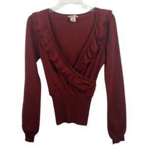 Arden B Ruffled V-Neck Burgundy Sweater